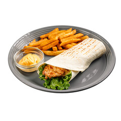 Plate of chicken stuffed tortilla with potato fries