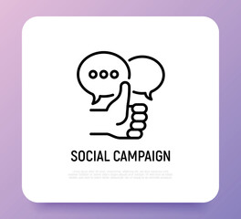 Social marketing: thumbs up and speech bubbles. Thin line icon. Report, review, advertising in internet. Vector illustration.
