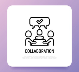 Collaboration, teamwork thin line icon: people at brainstorm. Successful communication. Modern vector illustration.