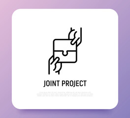 Joint project thin line icon. Teamwork, business cooperation, collaboration. Two hands hold pieces of puzzle. Successful partnership. Modern vector illustration.