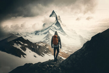 Matterhorn vor den Augen, Matterhorngipfel, Bergsteiger schaut auf sein Ziel, Bergsteiger will ans Ziel, Schweizer Berge, Berglandschaft, Gipfel erklimmen - obrazy, fototapety, plakaty