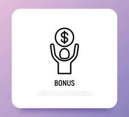 Financial bonus thin line icon: man holding dollar coin in hands. Salary, profit, earnings. Modern vector illustration.