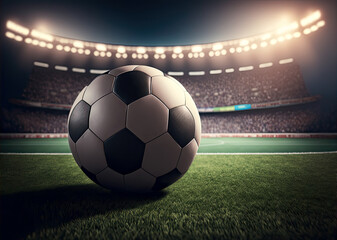 Fototapeta na wymiar soccer ball on the background of the football stadium field, generative ai
