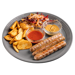 Portion of grilled beef sausages with potato wedges