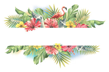 Tropical palm leaves, red hibiscus flowers, seashells and pink flamingos against the azure sea and sky. Watercolor illustration. A bright frame from the CUBA collection. For decoration © NATASHA-CHU