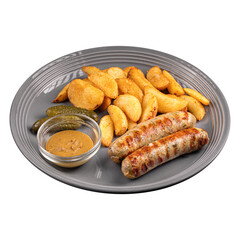 Portion of grilled pork sausages with potato wedges