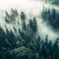 Aerial view of a foggy forest. Generative AI.