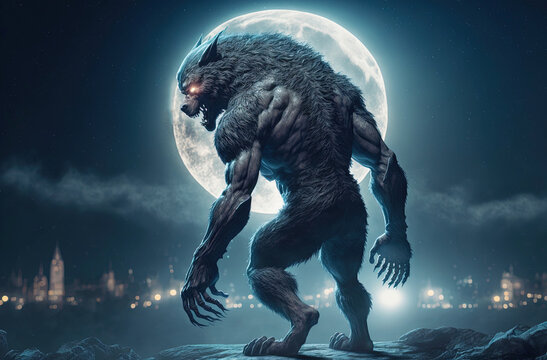 Werewolf with Fullmoon. Generative AI, non-existent person.	