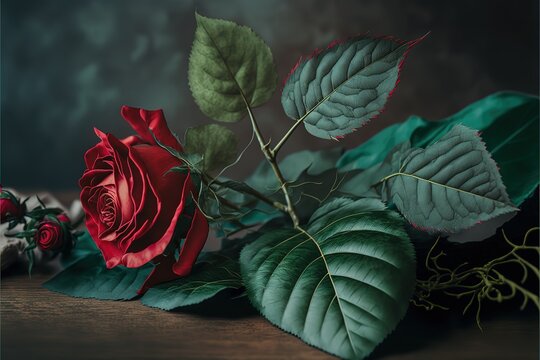 Close up picture of red rose and leaves on the table. Generative AI