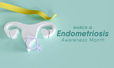 Endometriosis awareness month is observed every year in March, is a painful condition where endometrial tissue grows outside the uterus. 3D Rendering