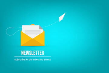 Newsletter. vector illustration of email marketing. subscription to newsletter, news, offers, promotions. a letter and envelope. subscribe, submit. send by mail.	