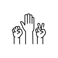 Raised hands color line icon. Corporate work.
