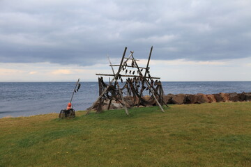 Fototapeta premium Drying flake with stockfish in foreshore, Iceland