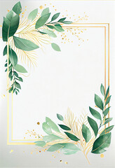 Green leaves with golden frame template and copy space for greeting wedding card and advertising concept art. Generative AI