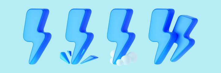 3d blue thunderbolt with sparks, smoke clouds and double lightning icons on background. Render of lightning hit, electric strikes, flash of thunderbolt. 3d cartoon simple vector illustration.