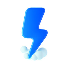 3d blue thunderbolt with smoke clouds, lightning icon isolated on white background. Render of lightning hit, electric strike, flash of thunderbolt. 3d cartoon simple vector illustration