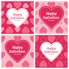 Happy Valentine's Day set of simple cards, banners or backgrounds with heart frame and pattern in modern flat style for decor, greetings, packaging, print, web, promo, sale, pattern