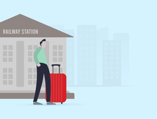 Man with a suitcase standing next to the exit of a railway station, ready to embark on a new journey. The image captures the sense of adventure and uncertainty that comes with travel and the unknown