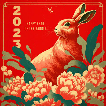 Year of the Rabbit - Chinese new year 2023 illustrated greeting card with bunny, red traditional Chinese design. Lunar new year concept, vintage retro design, illustration, collage. 卯年　年賀状テンプレート