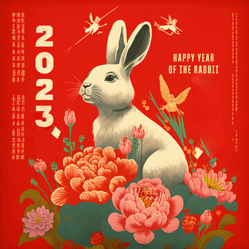 Happy Year of the Rabbit - Chinese new year 2023 greeting card with bunny, red traditional Chinese design. Lunar new year concept, vintage retro design, illustration, collage. 