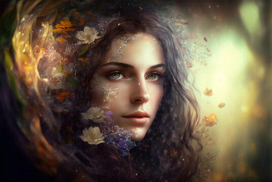 Stylized head of a young woman or a fairy, with flowers in her hair. Fictional character. Created with Generative AI technology.