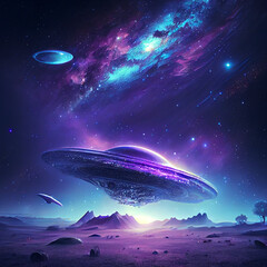 Fototapeta na wymiar Alien spaceship in the sky with galaxies and stars, ai illustration
