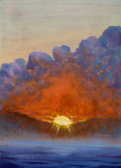 contemporary art Frosty orange sunrise against background of blue winter lake modern nature landscape watercolor painting illustration
