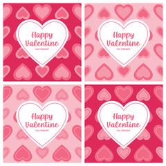 Happy Valentine's Day set of simple cards, banners or backgrounds with heart frame and pattern in modern flat style for decor, greetings, packaging, print, web, promo, sale, pattern