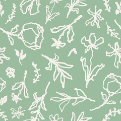 Scribbled flowers with leaves, herbs, grass etc. seamless repeat pattern. Random placed, vector botany all over surface print on sage green background.