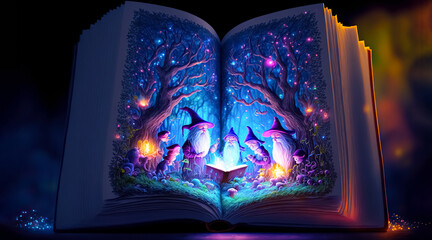 Open magic book with a fantasy story of gnomes with a book in a magical forest, doigital art, generative ai