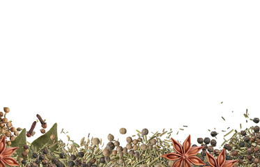 Border of spices isolated on a white background. The view from top. Flat lay, top view.