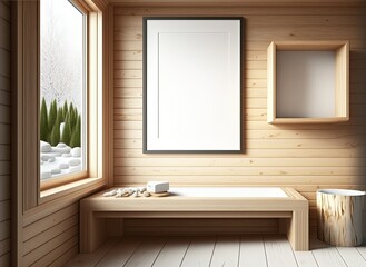 Fototapeta premium illustration of mock-up wall decor frame, empty frame on wooden wall in sauna room or rest room Generative Ai 