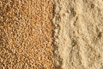 Close-up of whole and ground flax seeds on a split screen. Organic texture abstract background