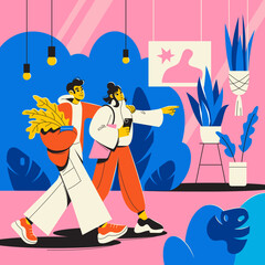 A young woman and a man go shopping. A couple hugs at a sale. Fashionable people with bags