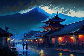 oil painting style illustration of town landscape in night time, Lijiang Ancient city, Yunnan, China Generative Ai	
