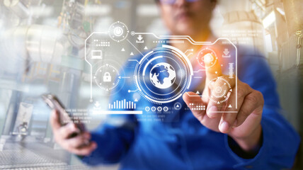 Engineers analyzing various industrial data by bringing AI or Artificial Intelligence to help analyze. industrial works concepts and modern technology. HU holographic data display for quality analysis