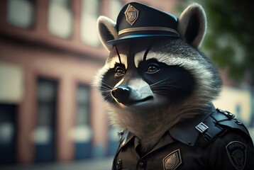 illustration of a raccoon wearing fashion costume or disguise as police officer theme with urban cityscape as background Generative Ai	