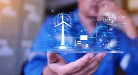 Fototapeta Engineer using AI Artificial Intelligence to inspect wind turbine by examining the quality and efficiency of electricity generated through the hologram HUD, Energy conservation concept and technology. obraz