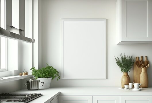 illustration of mock-up wall decor frame is hanging in minimal style kitchen	 Generative Ai	