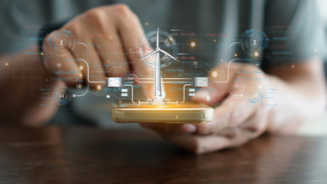 Analyzing quality effectiveness of electricity generated through the hologram HUD, Energy conservation idea, and technology, an engineer is utilizing artificial intelligence to examine wind turbines.