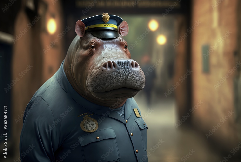 Wall mural character design illustration of a hippopotamus wearing police officer uniform with urban cityscape 