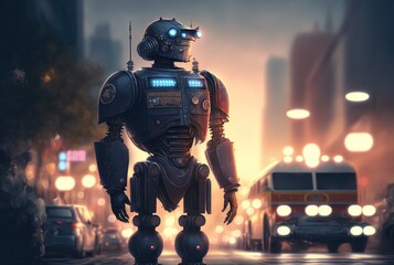 illustration of a robot on street with crowd of people walking on street with bokeh light Generative Ai	