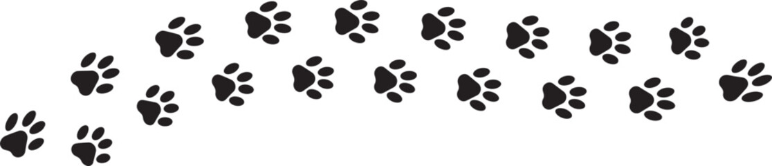 Fototapeta na wymiar Paw foot trail print of cat. Dog, puppy silhouette animal diagonal tracks.