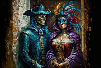 Fototapeta na wymiar oil painting illustration of a couple wearing masquerade mask with cityscape background Generative Ai 