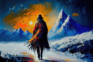  oil painting style illustration, a person journey collection set, a man walk on road to wasteland with sun and mountain as background Generative Ai	