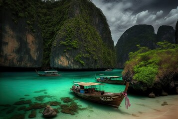 Fototapeta na wymiar beautiful tropical island seascape illustration, sea sand beach with green natural tree, inspired from Ko Phi Phi , Thailand, idea for travel and tourism concept background wallpaper Generative Ai 