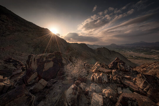 Sunset in a desert rocks of Hatta mountains