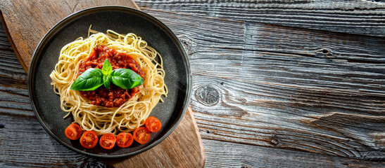 Composition with a plate of spaghetti bolognese