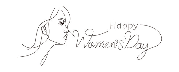 Happy women's day illustration. simple hand drawn lettering for international women's day. Minimal Calligraphy  and beautiful woman's face illustration. Vector illustration.