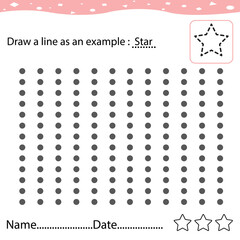 Connect dots with straight lines and draw Star. Worksheet for children coloring book. Repeat the image by example. Educational game for attention for children of kindergarten and preschool age